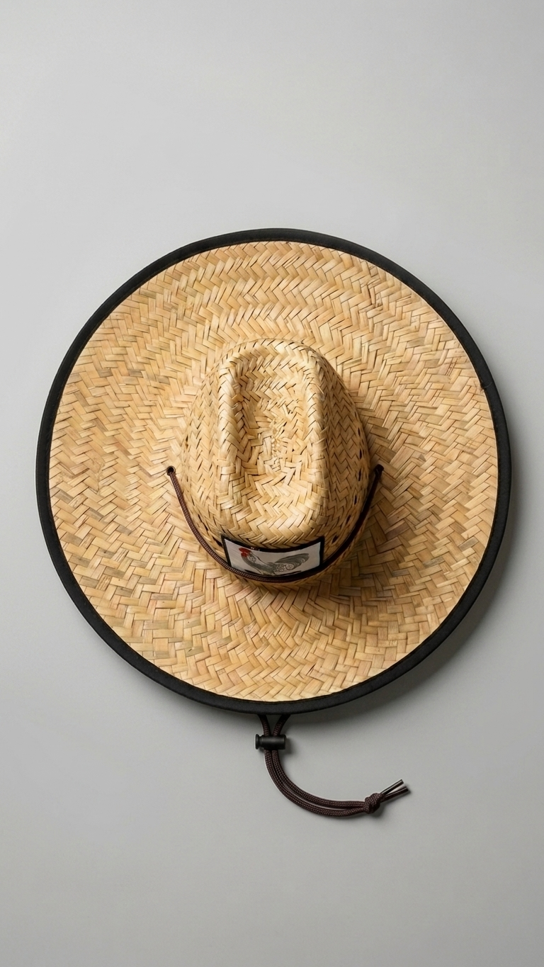 straw hat with white chicken embroidery style patch on the front.
