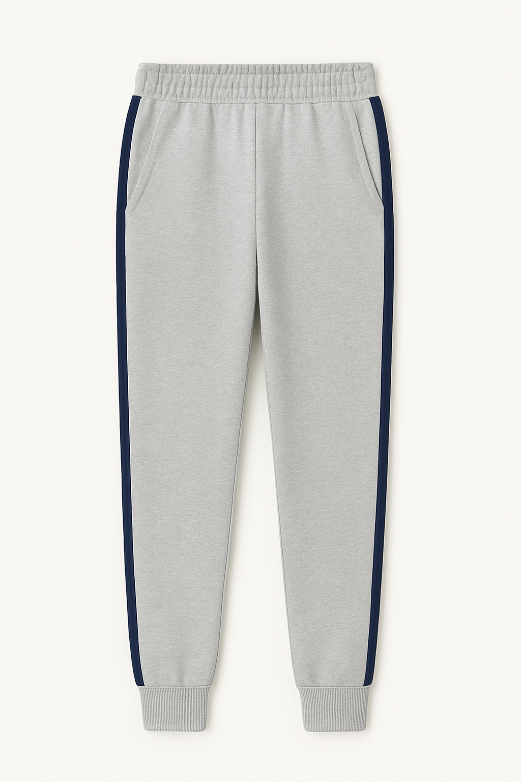 Gray sweatpants with navy stripes on a white background