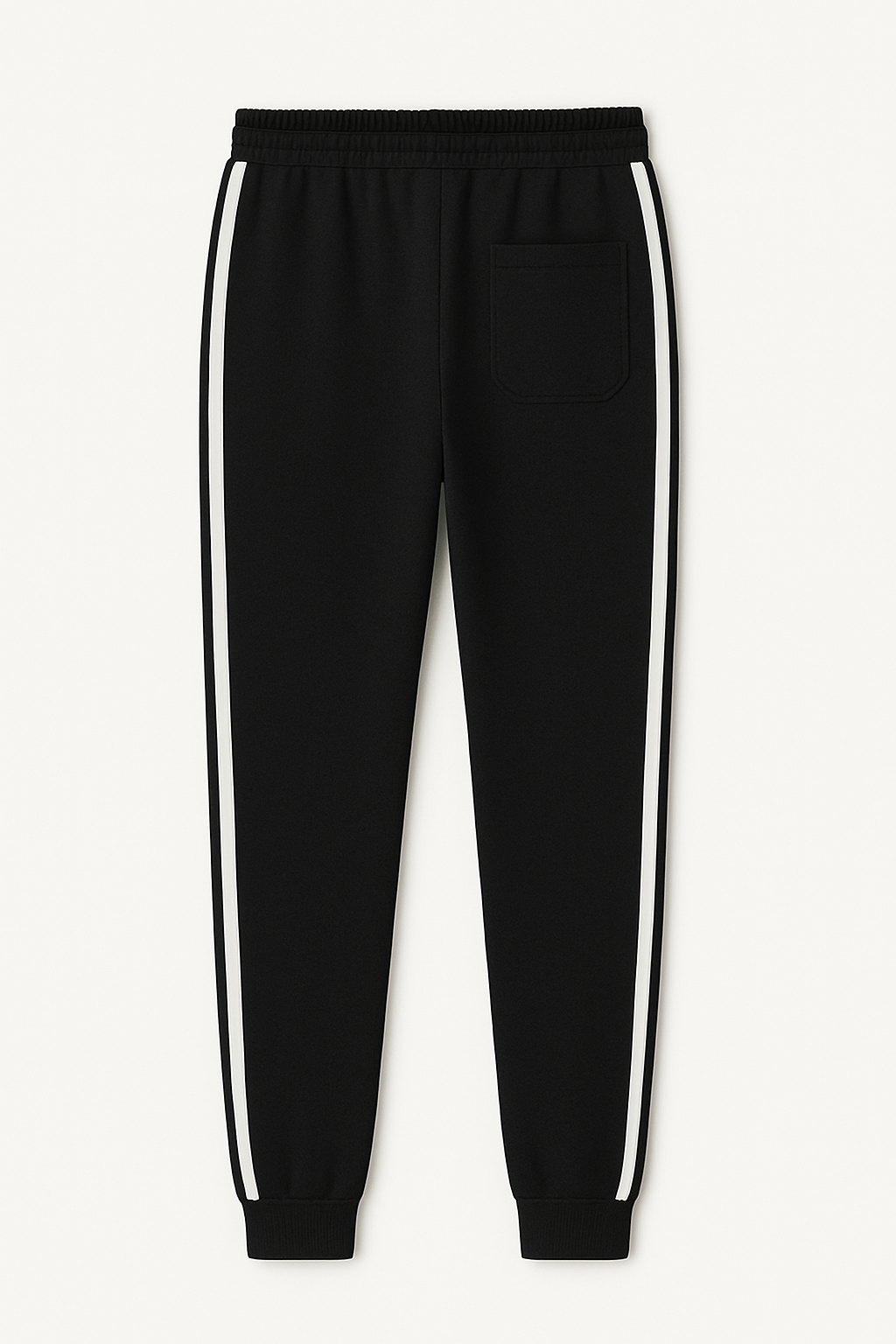 Black jogger pants with white stripes on a white background