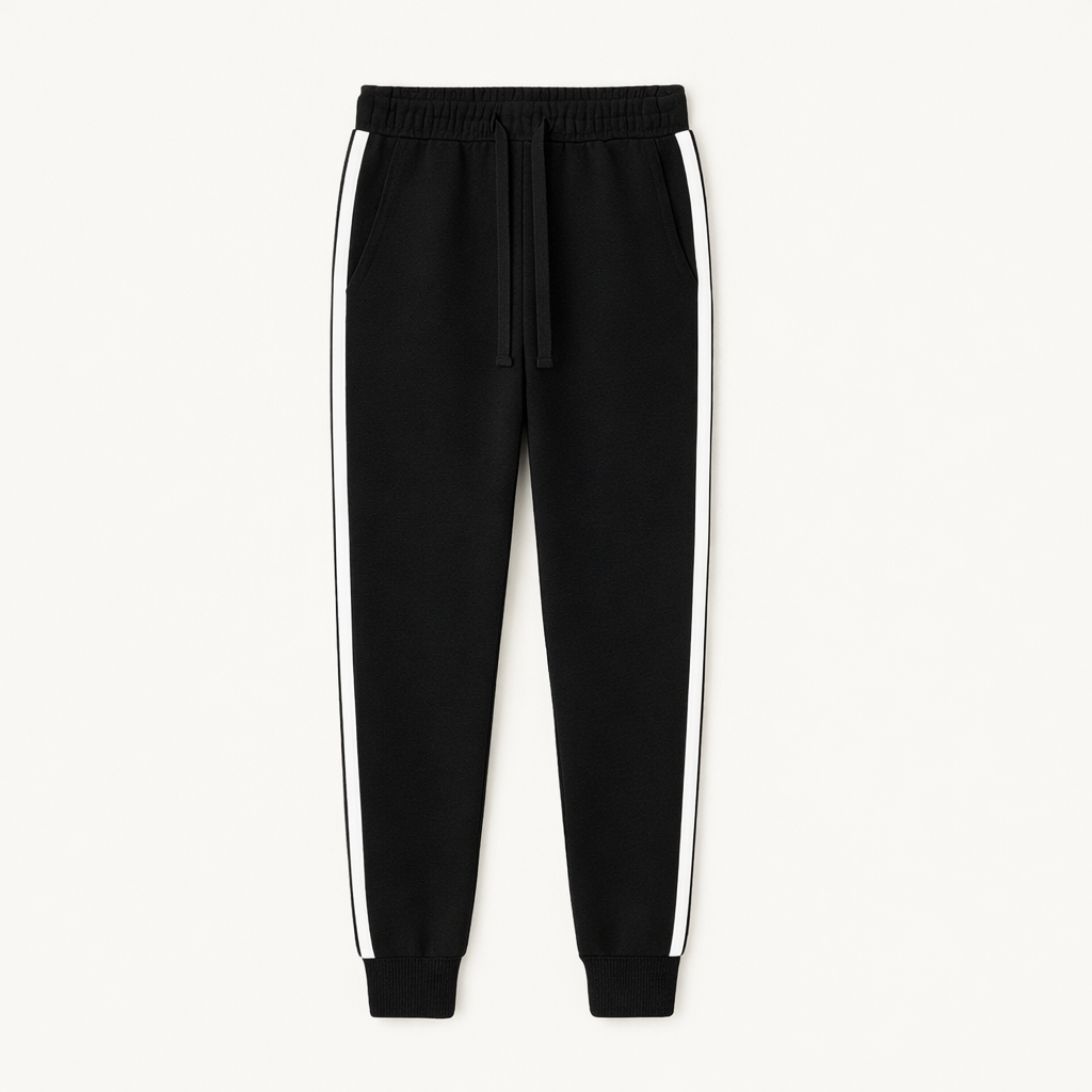 Black jogger pants with white stripes on a white background