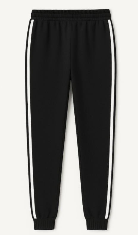 Black jogger pants with white stripes on a light gray background