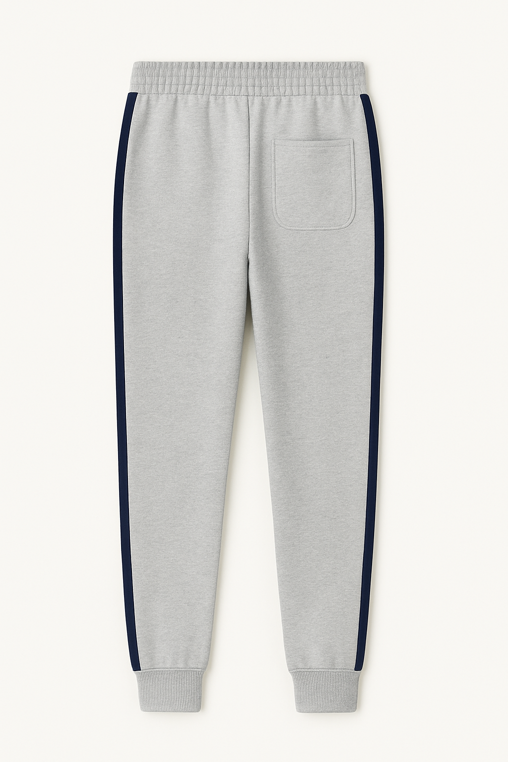 Gray sweatpants with navy accents on a white background