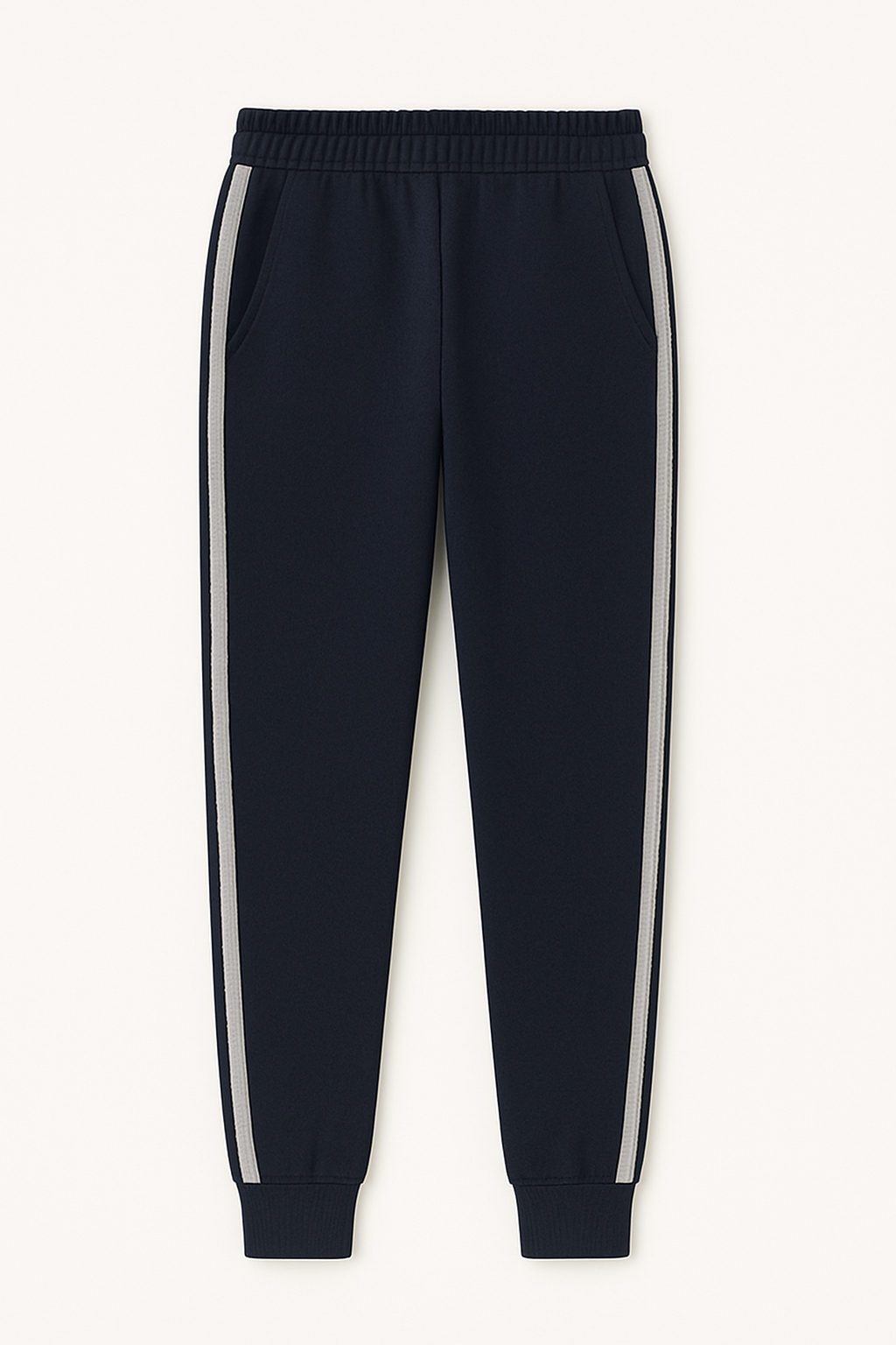 Navy jogger pants with white stripes on a white background
