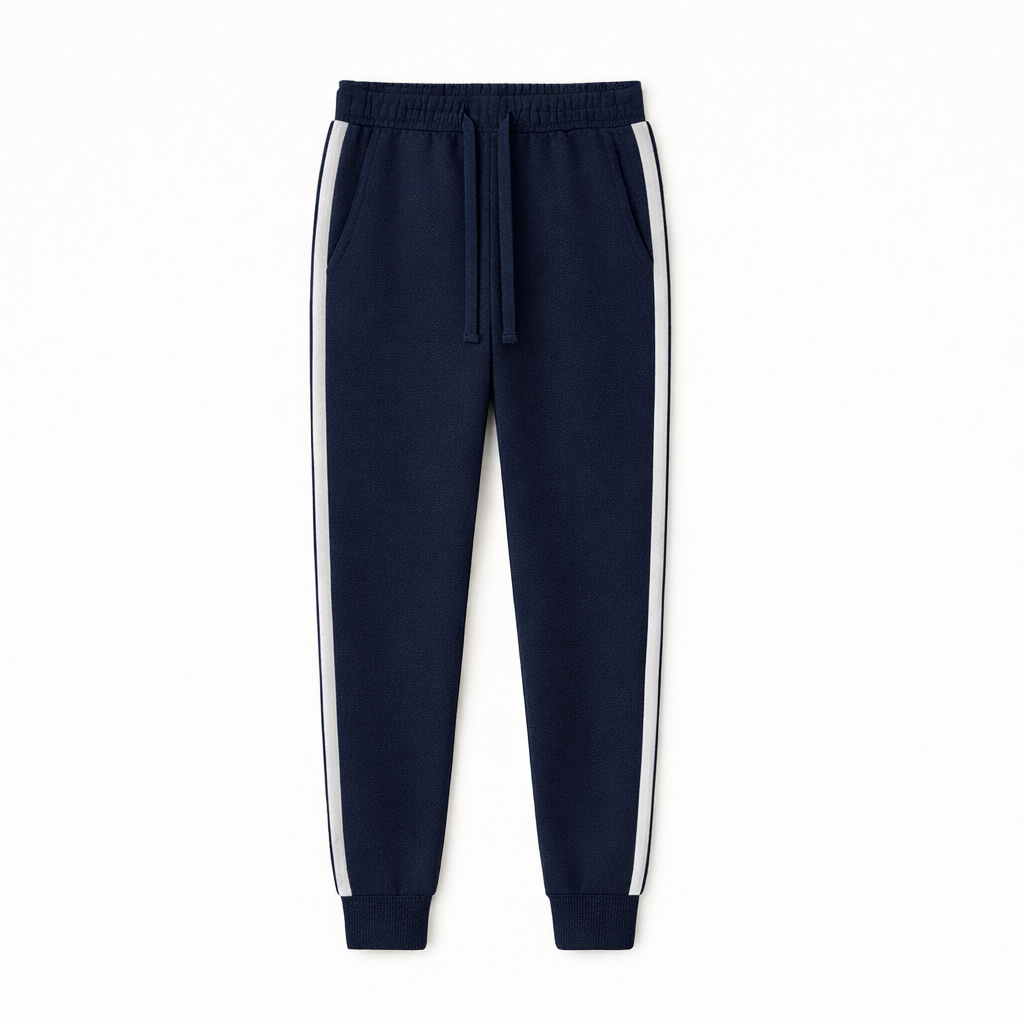 Navy blue jogger pants with white stripes on a white background