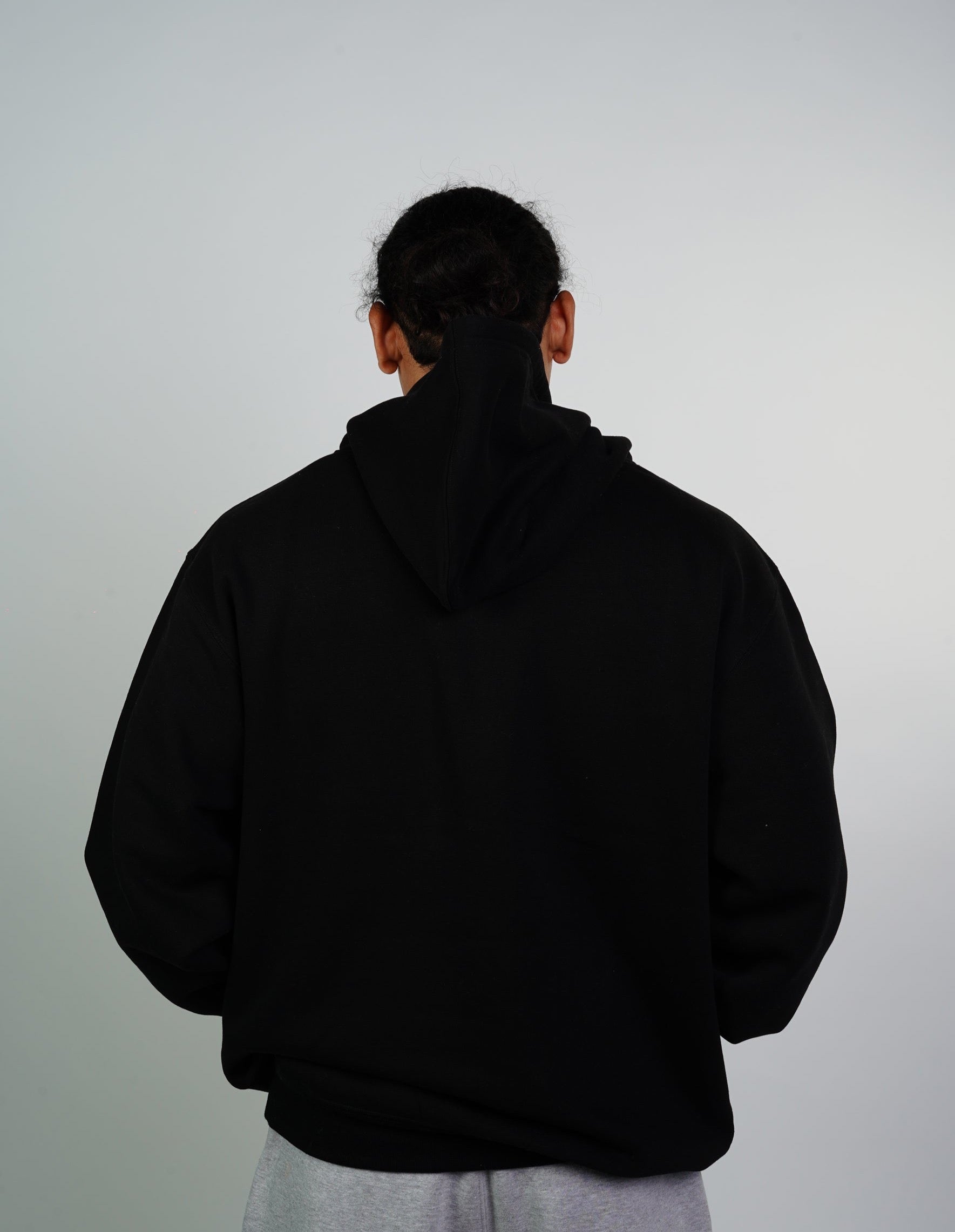 back of black colored thermal lined zipper hoodie