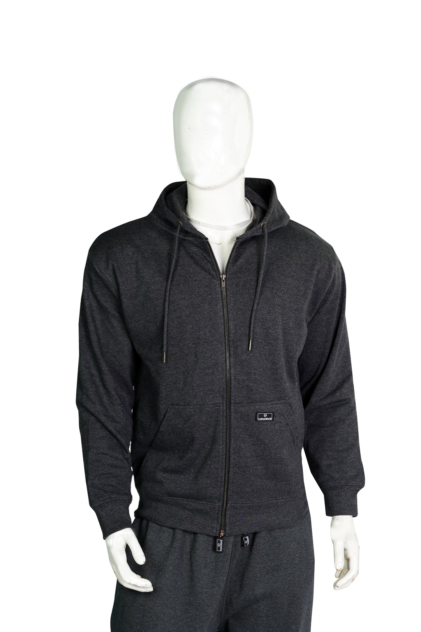 a person wearing charcoal colored thermal lined zip-up hoodie