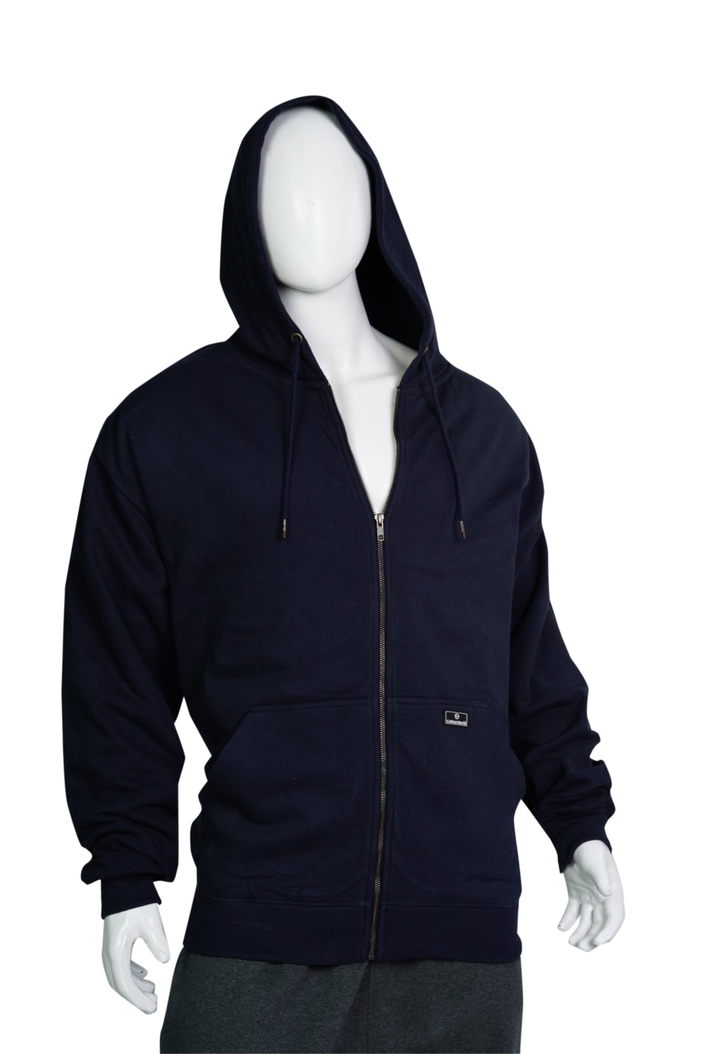 a person wearing navy blue colored thermal lined zipper hoodie