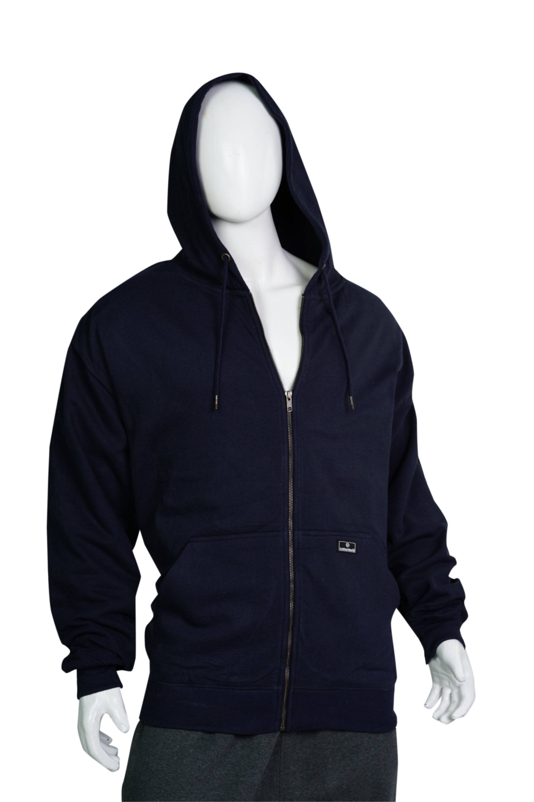 a person wearing navy blue colored thermal lined zipper hoodie