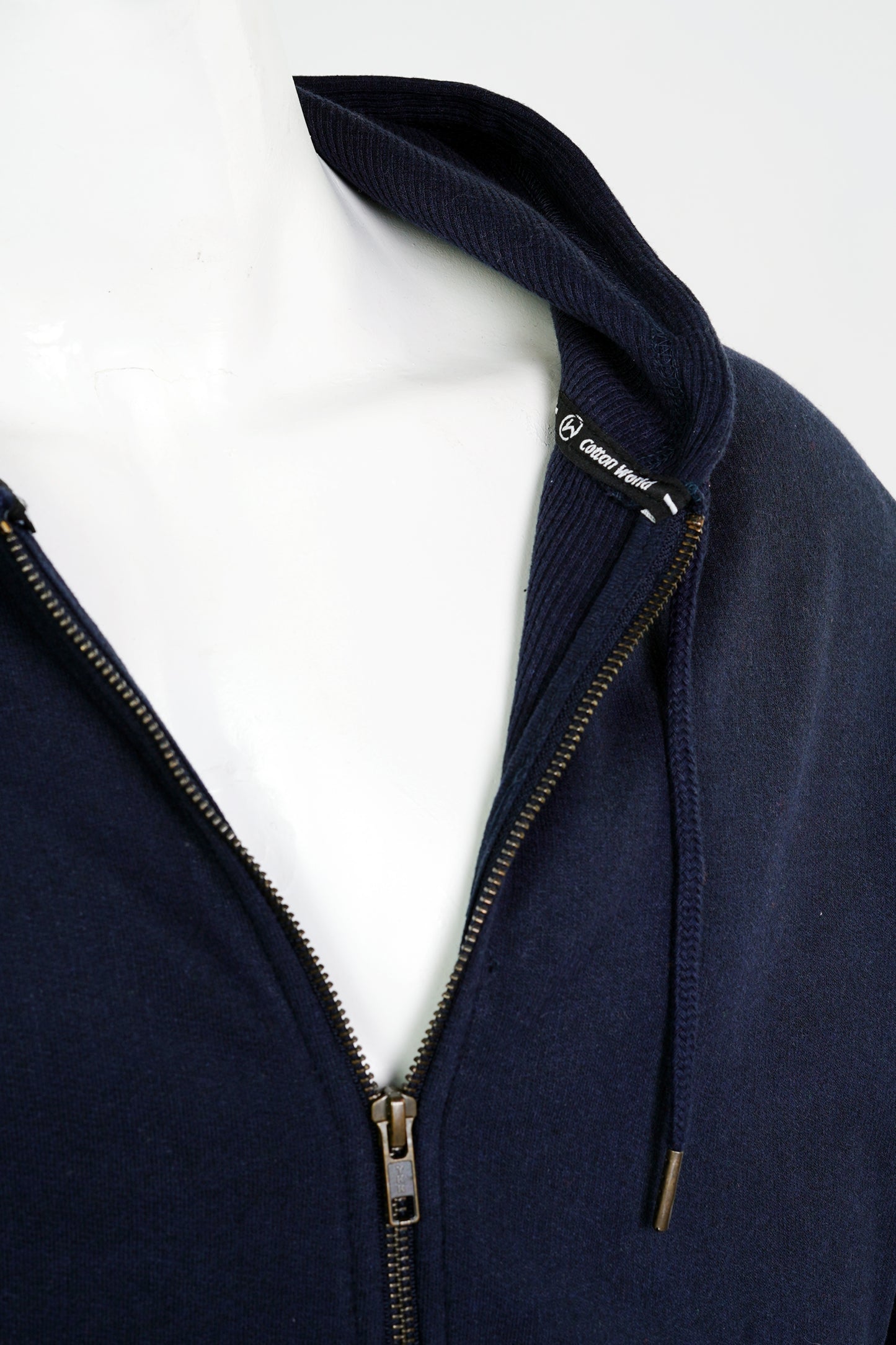 close up of a person wearing thermal lined zipper hoodie in navy blue color