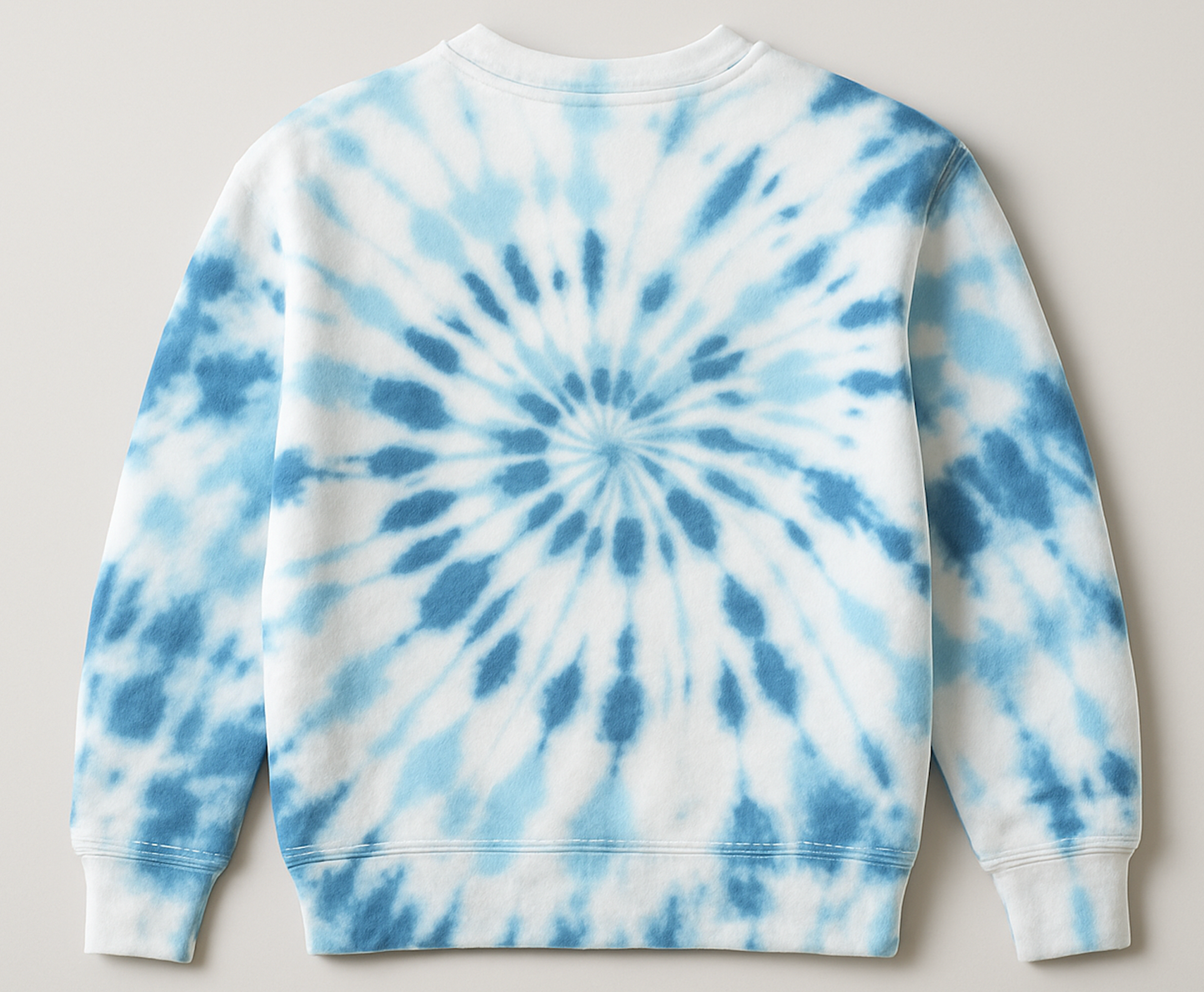 Tie-dye sweatshirt with blue and white spiral pattern on a plain background