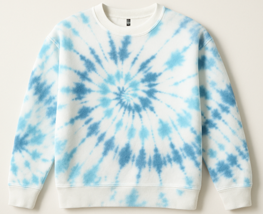 Tie-dye sweatshirt with blue and white spiral pattern on a plain background