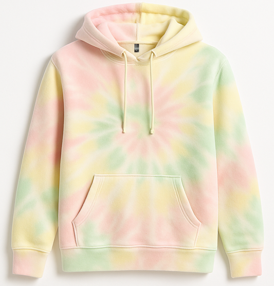 Pastel tie-dye hoodie on a white background