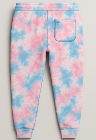 Tie-dye sweatpants with pink and blue pattern on a white background