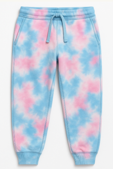 Tie-dye sweatpants with pink and blue pattern on a white background