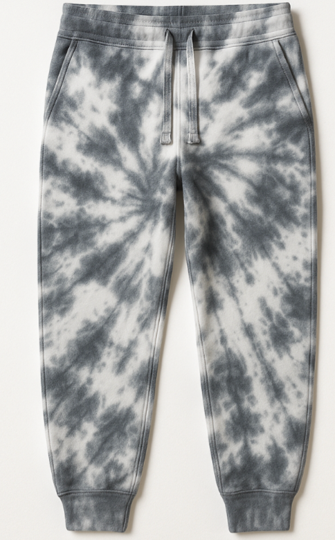 Tie-dye sweatpants with a gray and white pattern on a white background