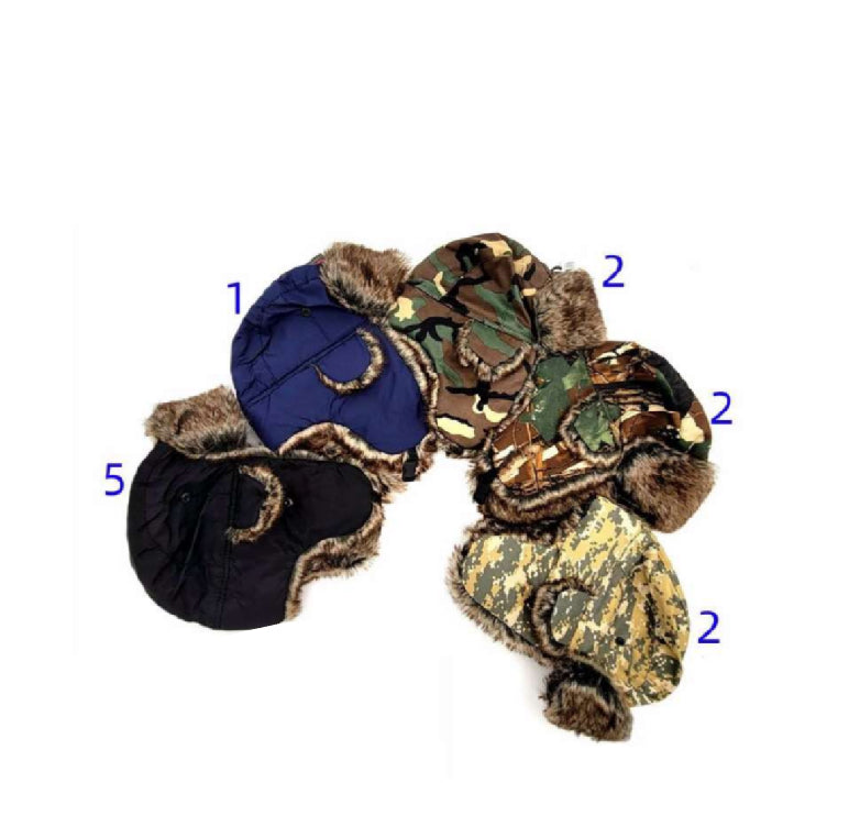 Pair of camouflage trapper hats with fur trim on a white background