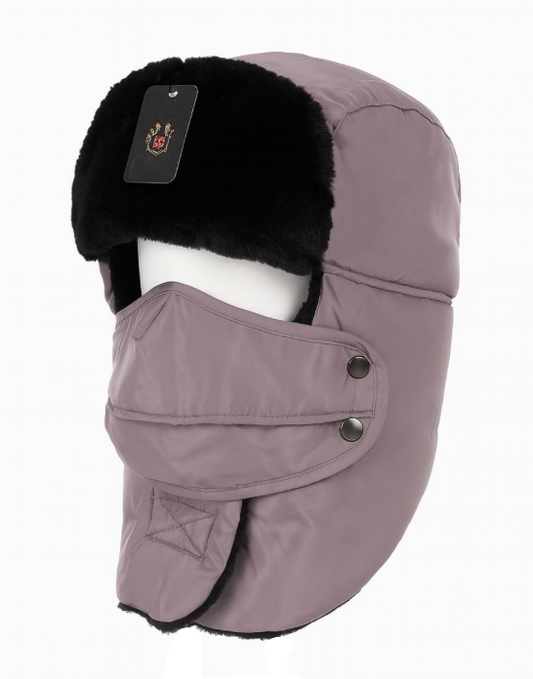 Gray winter hat with black fur trim on a white background