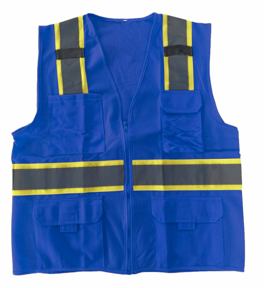 Blue safety vest with reflective stripes on a white background