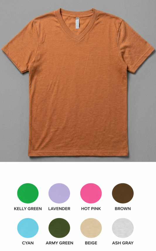 v neck t-shirt on a gray background with color swatches below.